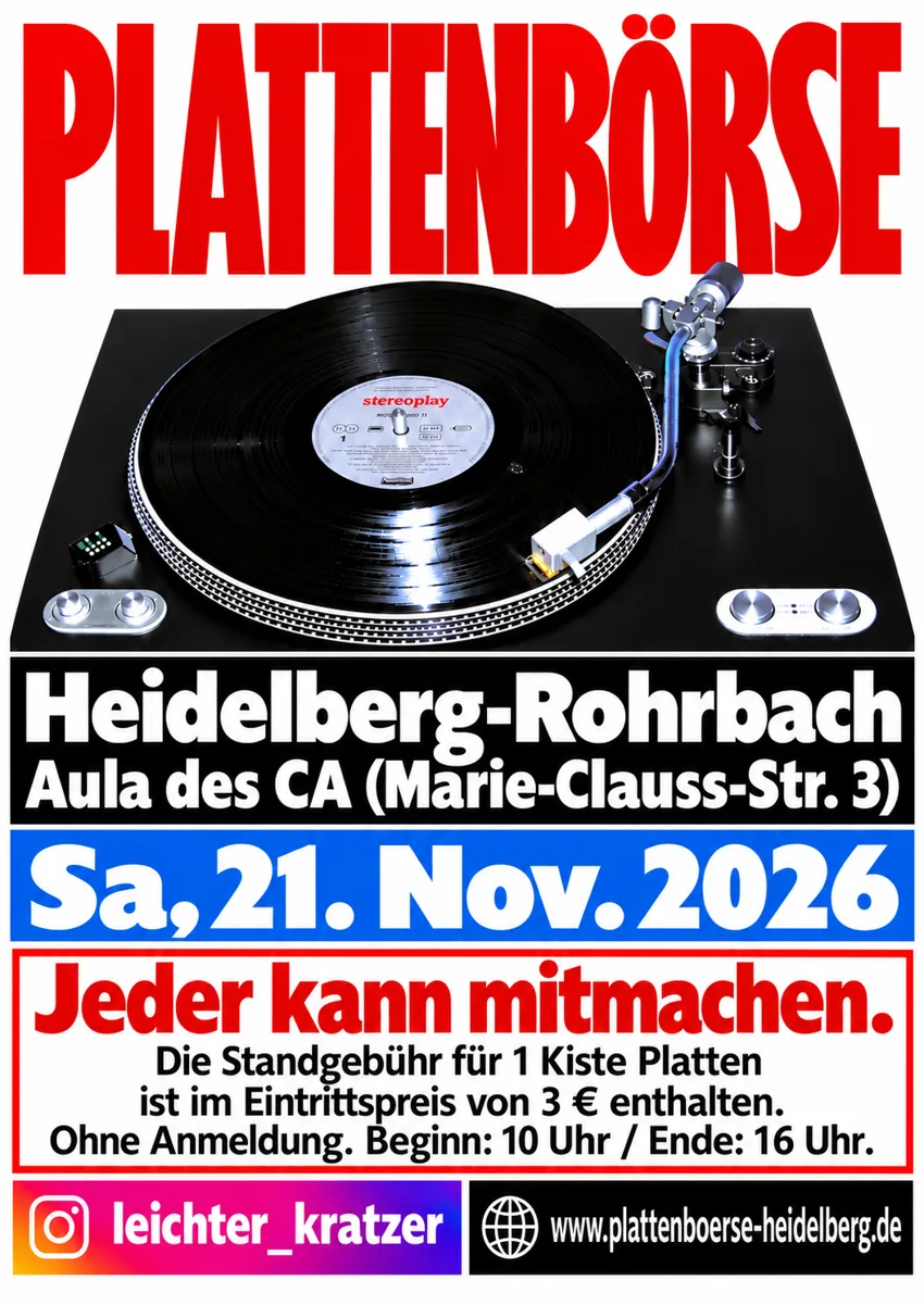 Originalplakat der Plattenbörse Heidelberg mit Plattenspieler