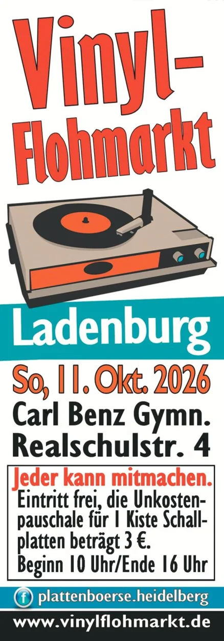 Originalplakat Vinylflohmarkt Ladenburg mit illustriertem Plattenspieler